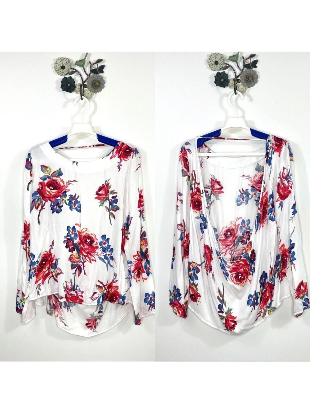Somedays Lovin Open Draped Back Size XS White Floral Blouse Long Sleeve
